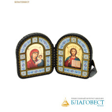 Складень кожаный Пресвятая Богородица «Казанская» - Спаситель, размер 7х8,5см (в раскрытом виде 14,3см), дерево