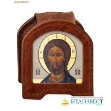 Икона дорожная раскладная Спаситель (натуральная кожа). Цвет коньяк