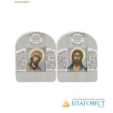 Иконы (венчальная пара) в киоте Пресвятая Богородица «Деисус» и Господь Вседержитель, дерево, латунь, серебрение