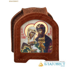 Икона дорожная раскладная Святые благоверные Петр и Феврония Муромские (натуральная кожа). Цвет коньяк